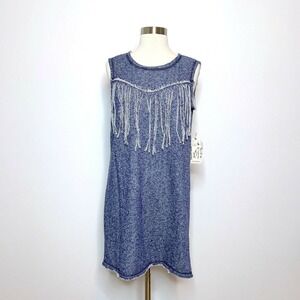 COUSIN EARL Dress Blue Terry Sleeveless S Fringe Chest NWT Raw Hem Made in USA